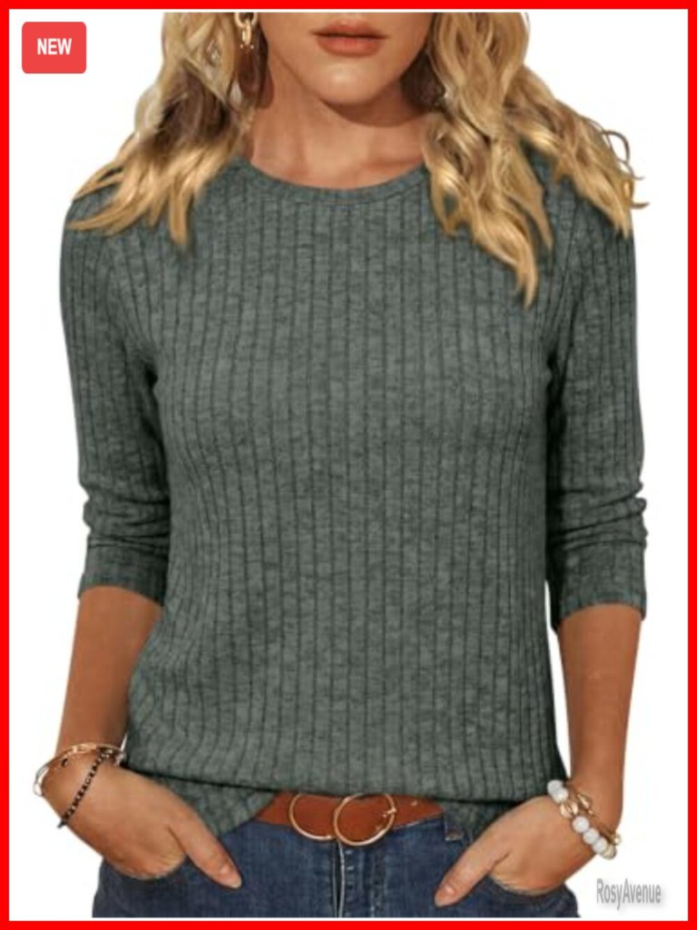 Womens 3/4 Sleeve Ribbed Knit Tunic Top Crew Neck Stretchy Pullover